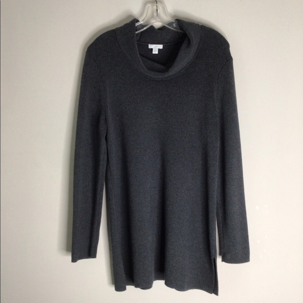 J. Jilll Charcoal Gray Cowl Neck Sweater Dress/Tunic M Ribbed Thick Knit Slits
